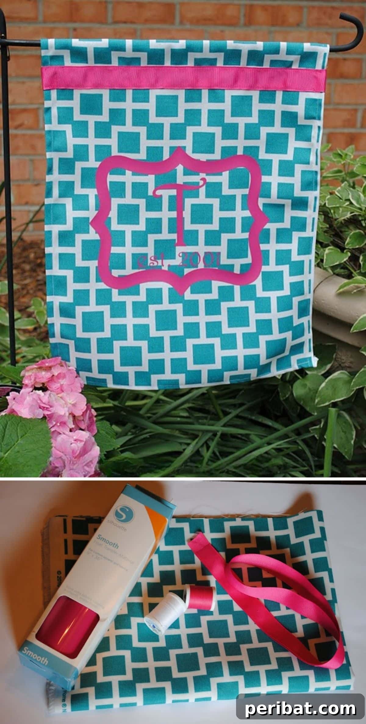 A personalized monogram garden flag made from a fun, patterned fabric, demonstrating creative alternatives to burlap.