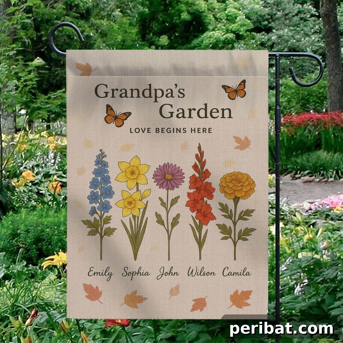 A customizable 'Grandpa's Garden' flag, perfect as a thoughtful and personalized gift for grandfathers, printed on both sides.