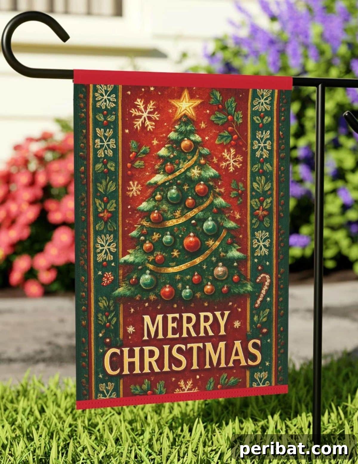 A delightful double-sided Christmas garden flag, ideal for bringing festive cheer and holiday spirit to your outdoor decor.
