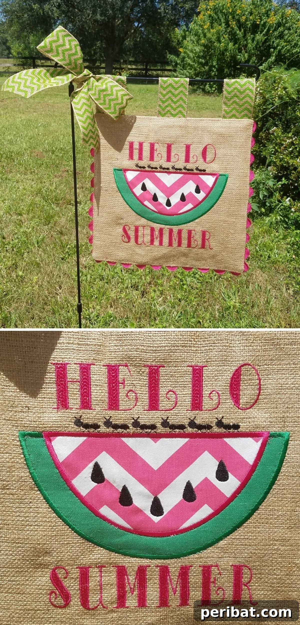 A custom burlap garden flag featuring a 'Hello Summer' message and a refreshing watermelon illustration, capturing summer vibes.