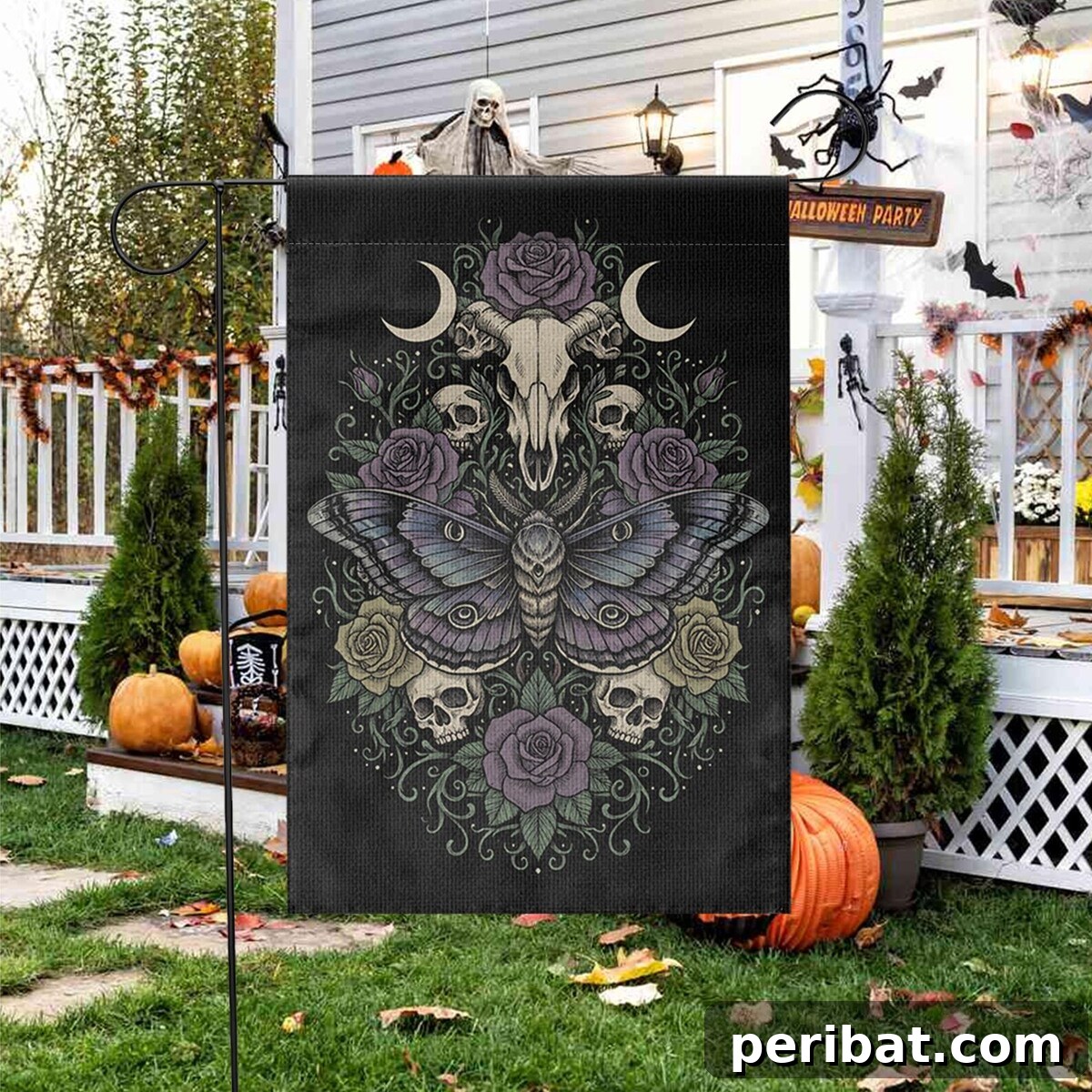 A bold and colorful Gothic garden flag featuring a skull, moth, and moon phase design, perfect for unique yard art.