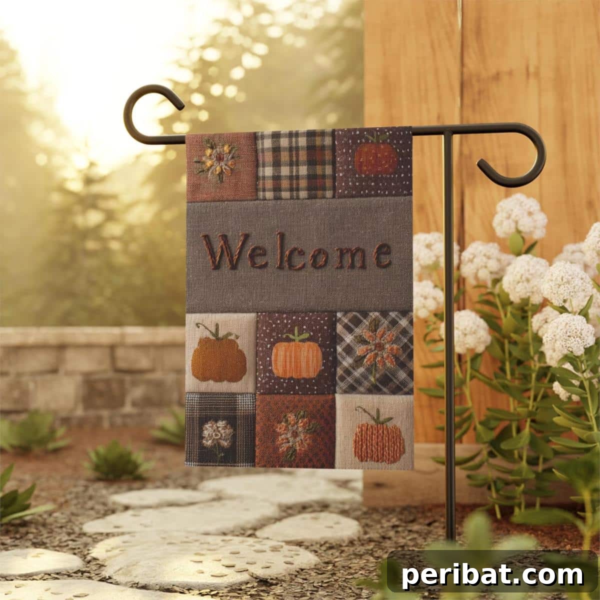 A charming Fall garden flag featuring a cottagecore patchwork pumpkin design, perfect for welcoming the autumn season.