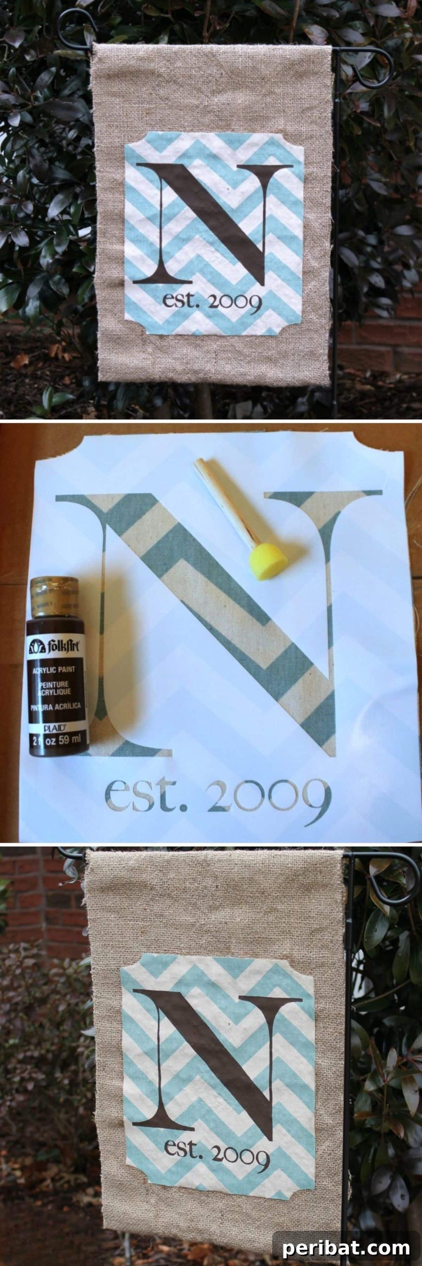 A beautifully crafted no-sew burlap garden flag featuring a contrasting fabric monogram, ideal for beginners.