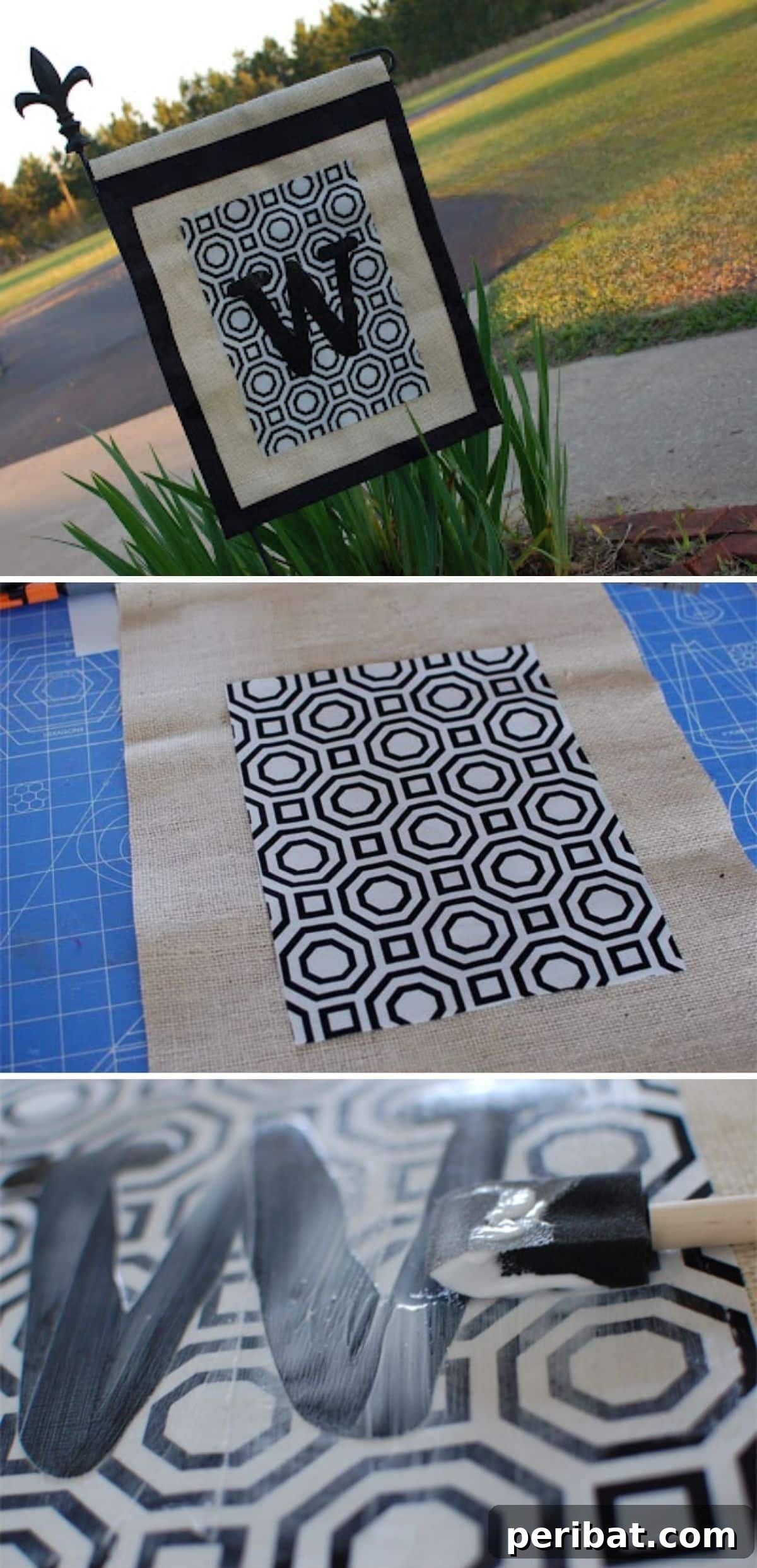 A simple yet elegant monogrammed burlap garden flag with a striking black border, offering timeless appeal.