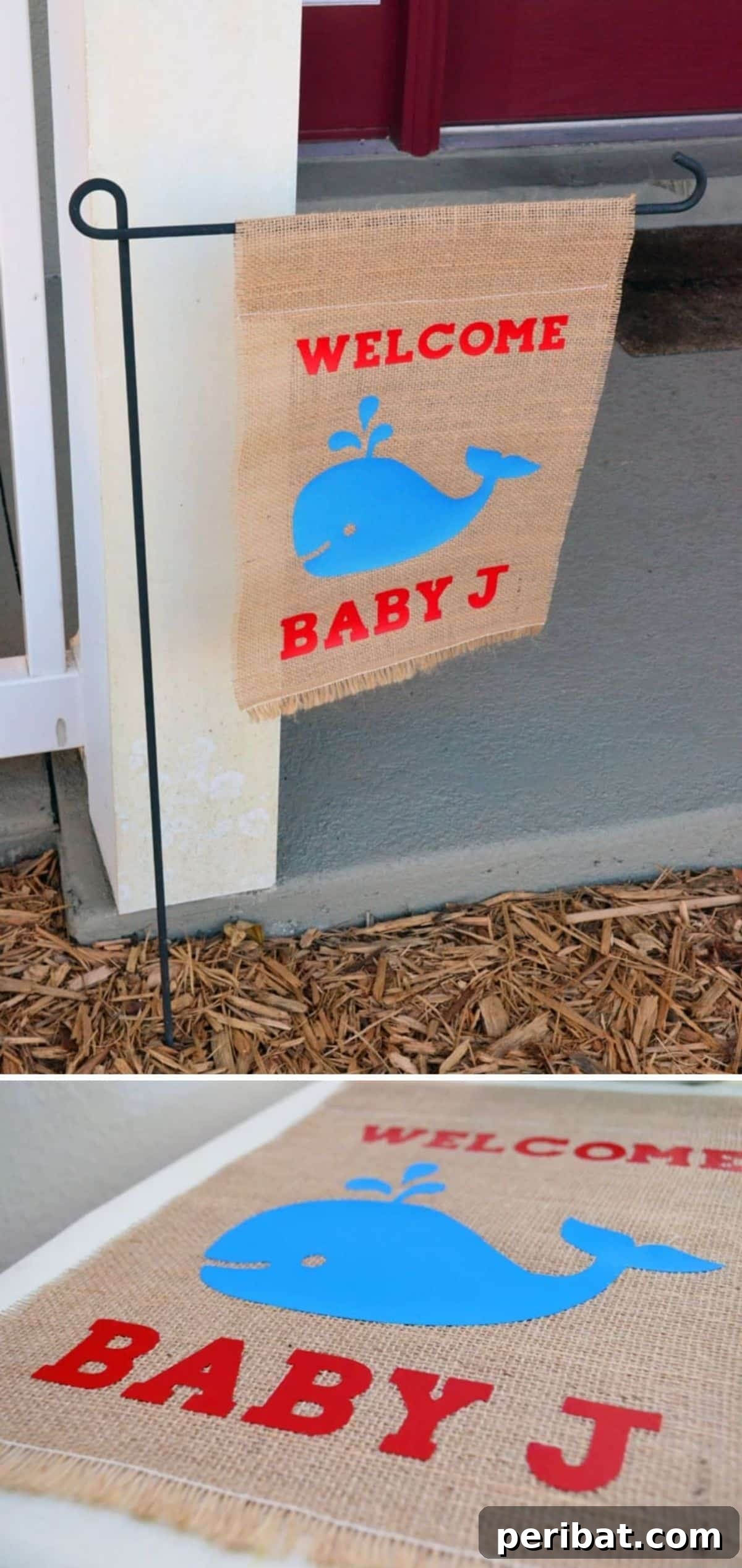 An adorable baby shower themed garden flag featuring a whale design, perfect for event-specific celebrations.