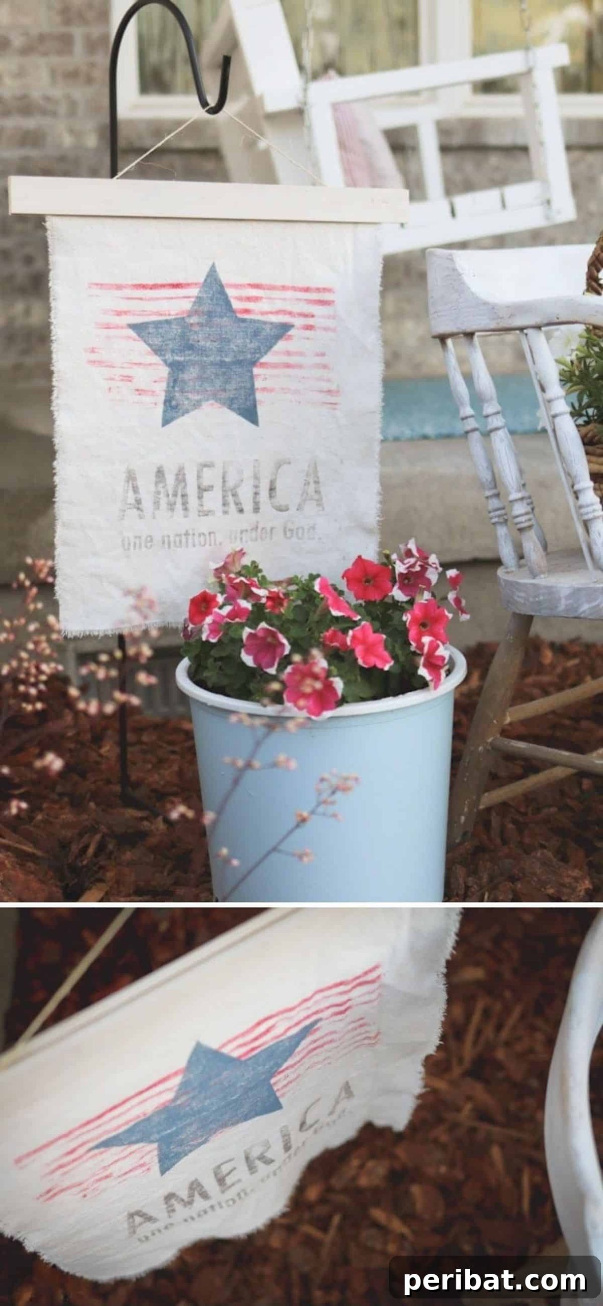 A distinctive vintage patriotic garden flag featuring a faded, ink-transferred American flag design, showcasing unique style.
