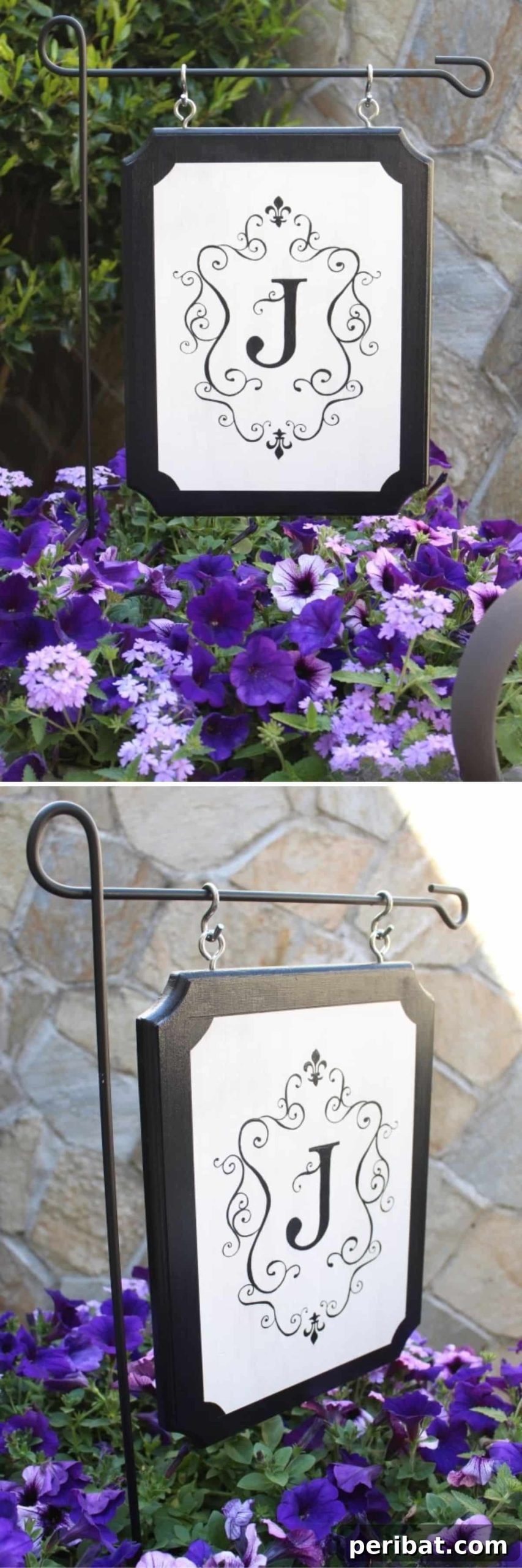 A sturdy monogrammed wooden garden sign offering durability and a rustic aesthetic, ideal for windy conditions.