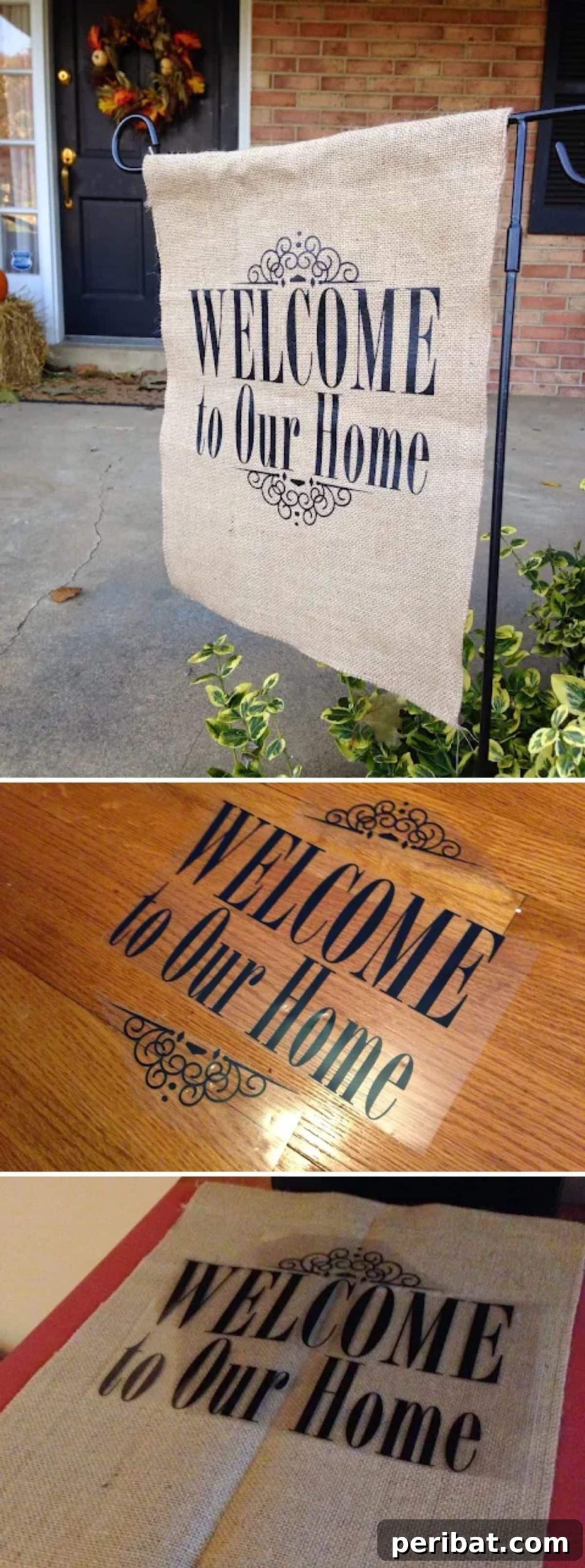 A detailed garden flag showcasing heat transfer vinyl (HTV) applied to burlap, perfect for intricate lettering and designs.