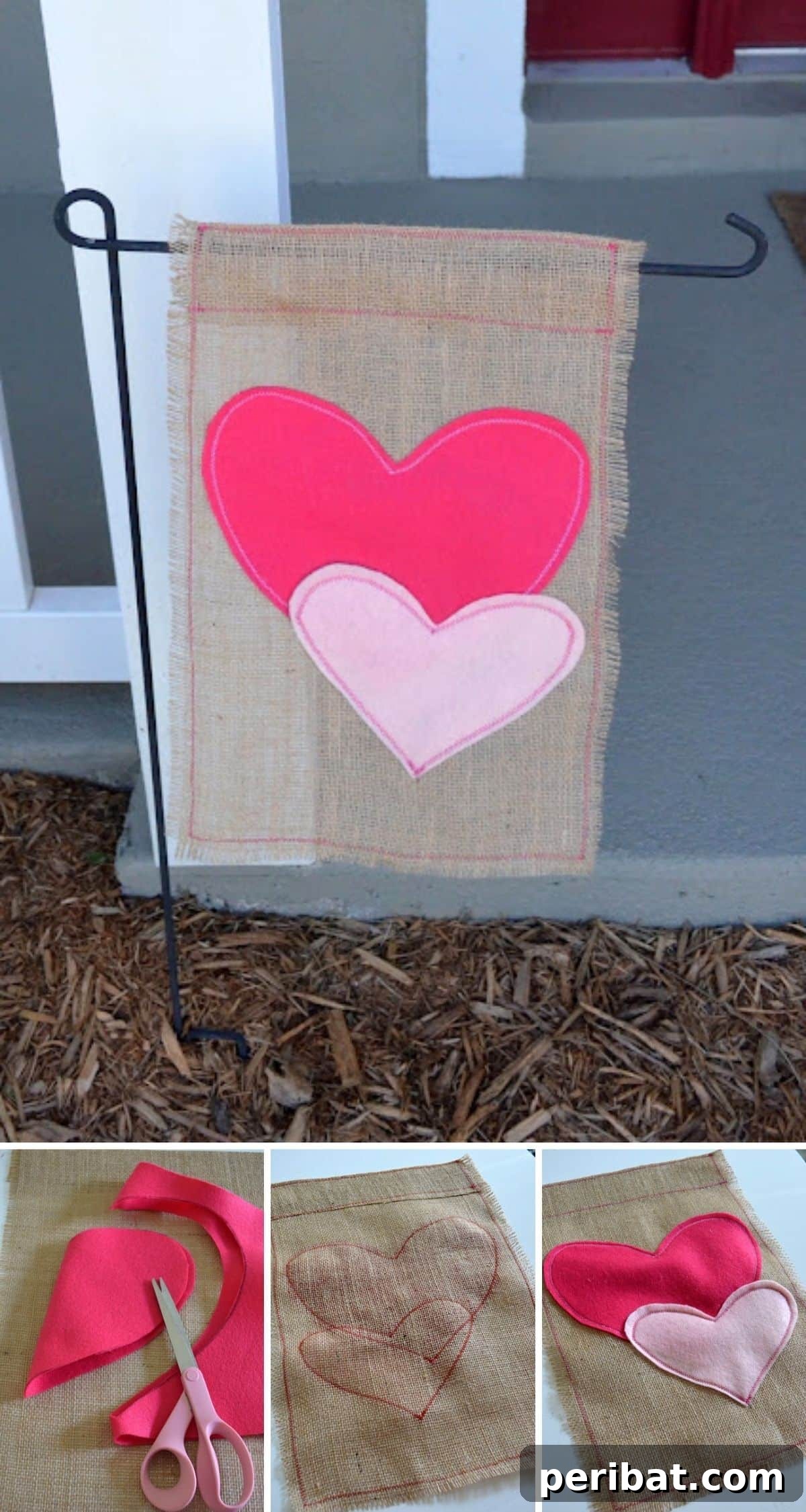 A charming garden flag adorned with easy-to-cut and sew felt hearts, ideal for Valentine's Day or expressing love.