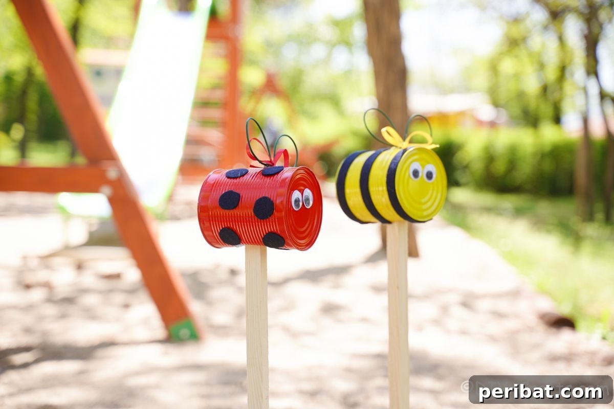 ladybug and bee garden stakes in front of swingset