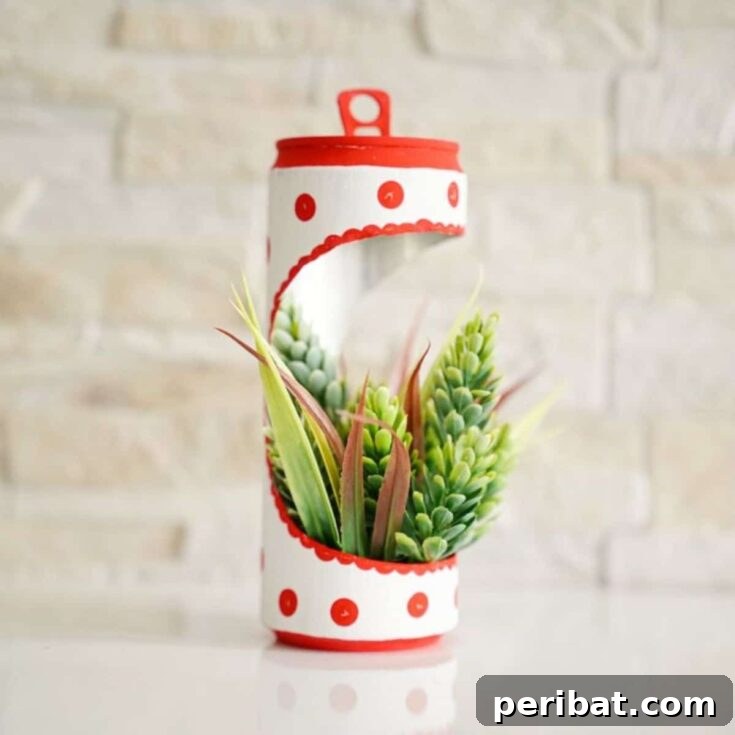 red and white soda can planter by cream brick wall