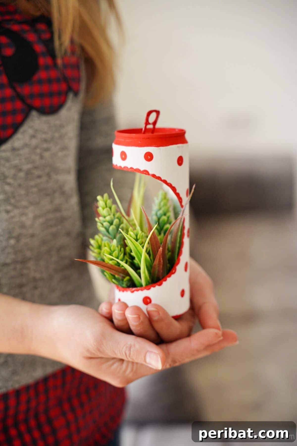 woman in gray and red holding white and red soda can planter