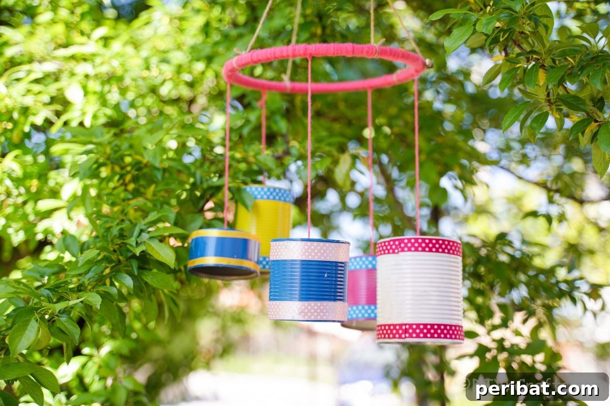 Transform Tin Cans into Melodious Wind Chimes 4 Close-up view of a pink yarn-wrapped embroidery hoop, meticulously prepared to serve as the sturdy base for a tin can wind chime, hanging amidst tree branches
