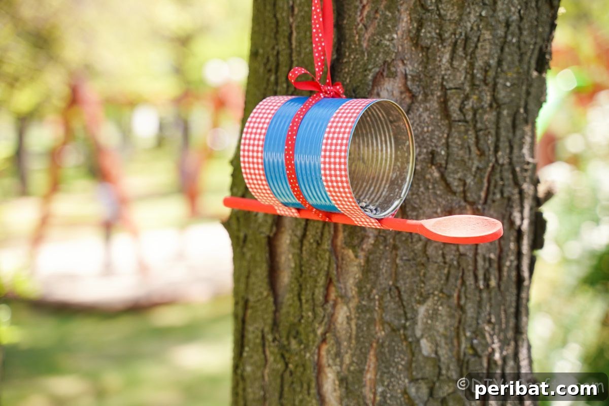 Sweet DIY Tin Can Bird Feeder 16 A charming tin can bird feeder, adorned with colorful paint and ribbon, hangs gently against the textured bark of a tree, blending with nature.