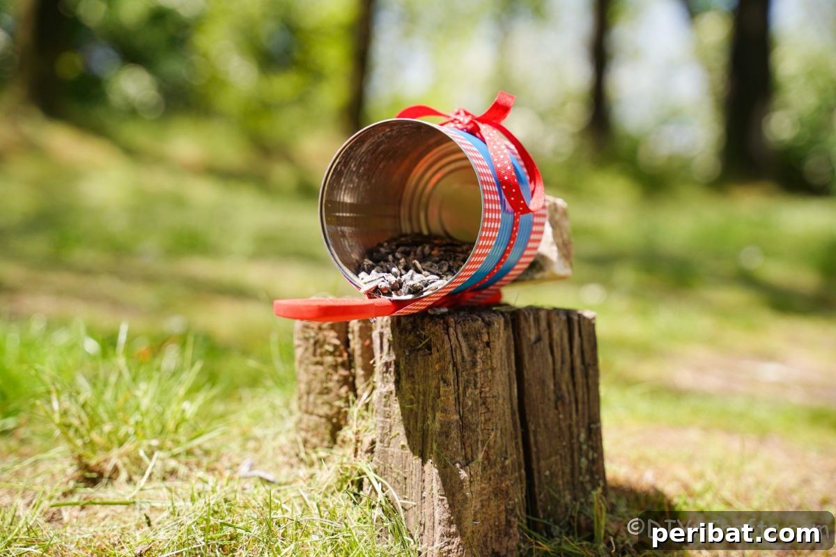 Sweet DIY Tin Can Bird Feeder 4 A vibrant blue tin can bird feeder, featuring a red wooden spoon perch, sits charmingly on a tree stump, ready for visitors.