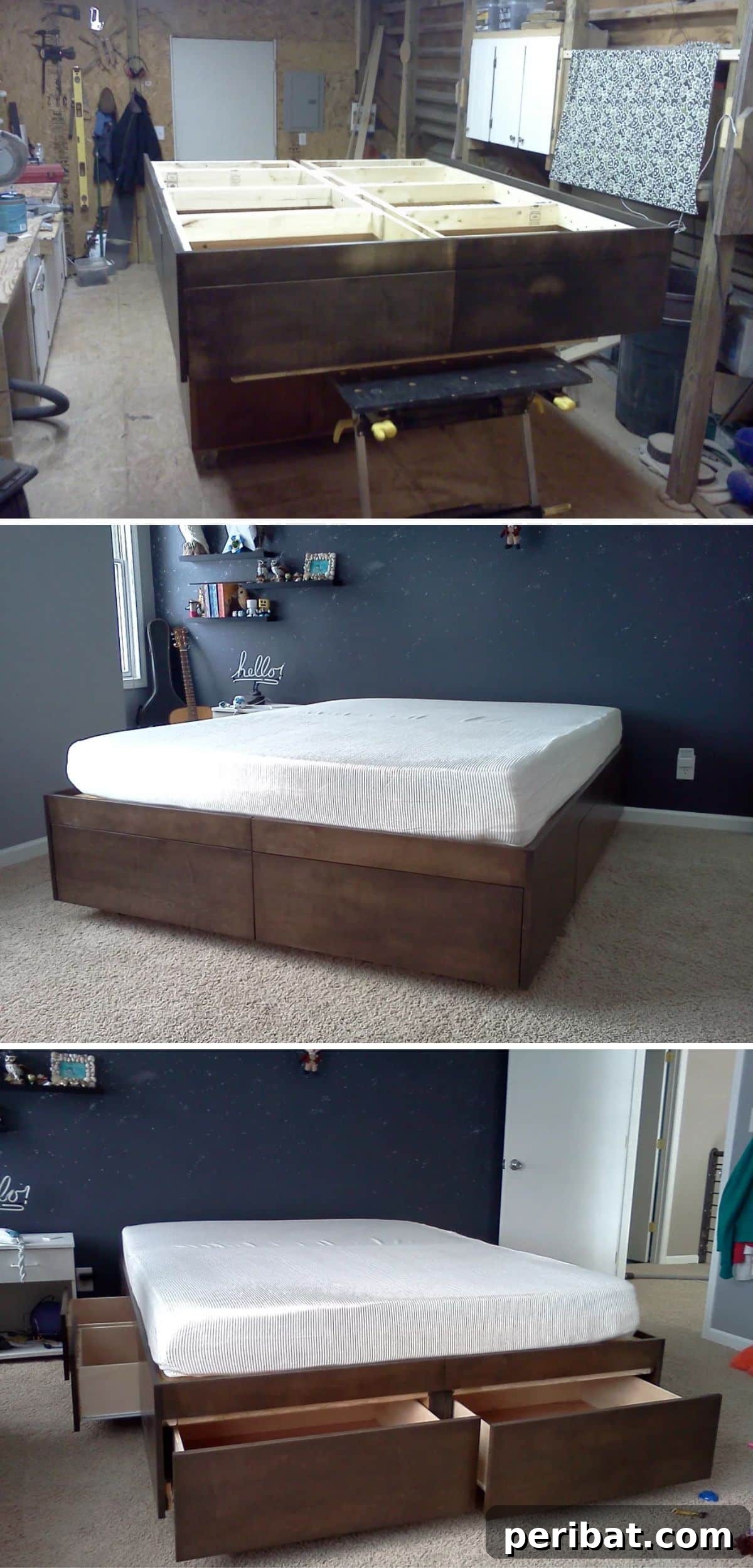 DIY Platform Bed Frame with Six Large Integrated Storage Drawers