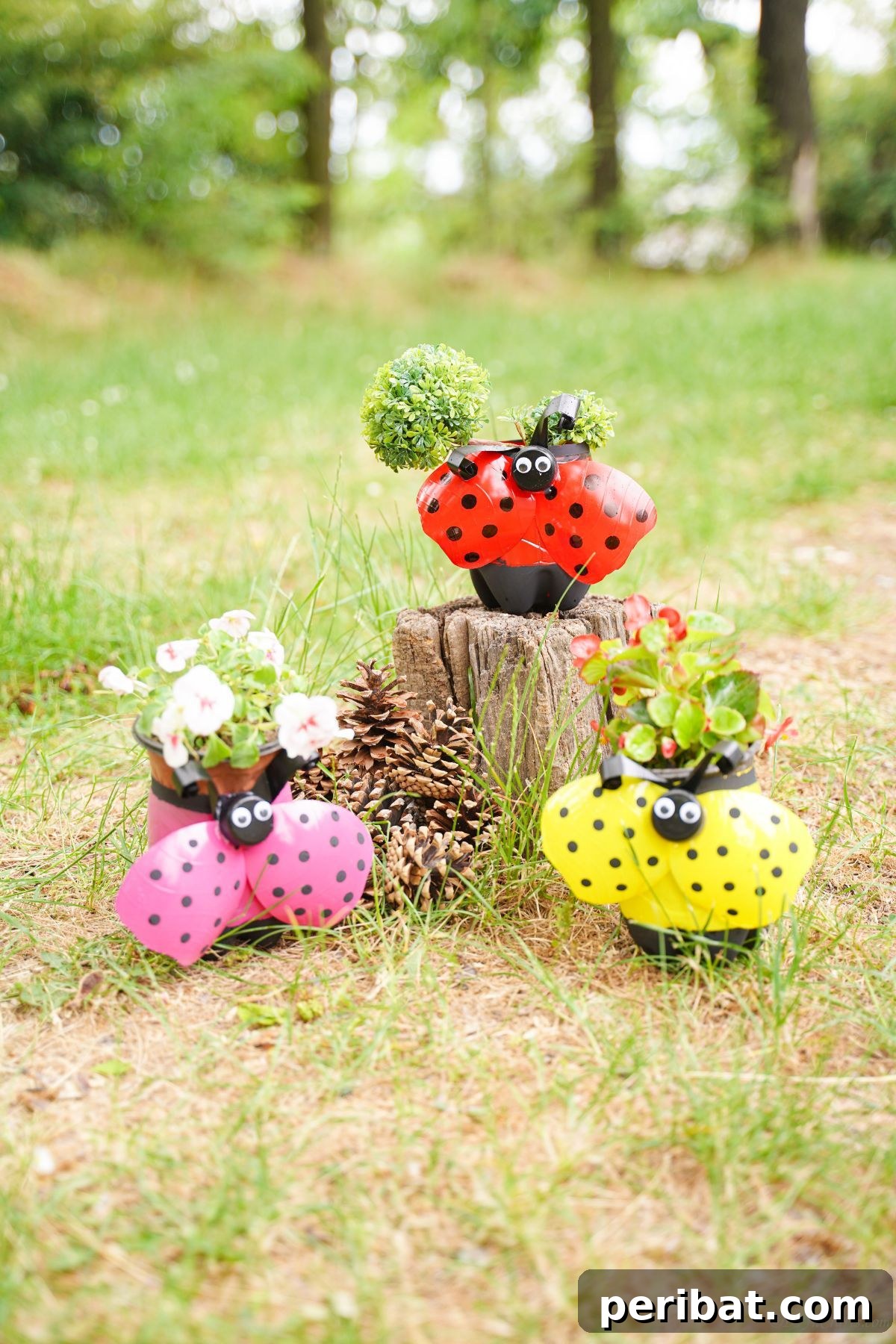 Upcycled Ladybug Garden Gems 2 red pink and yellow ladybug planters by stump
