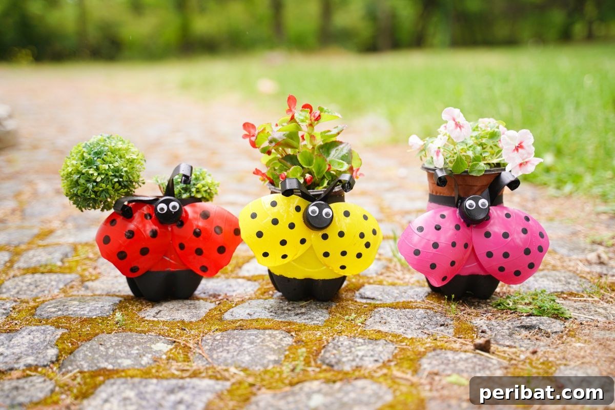 Upcycled Ladybug Garden Gems 3 three colors of ladybug planters on stone