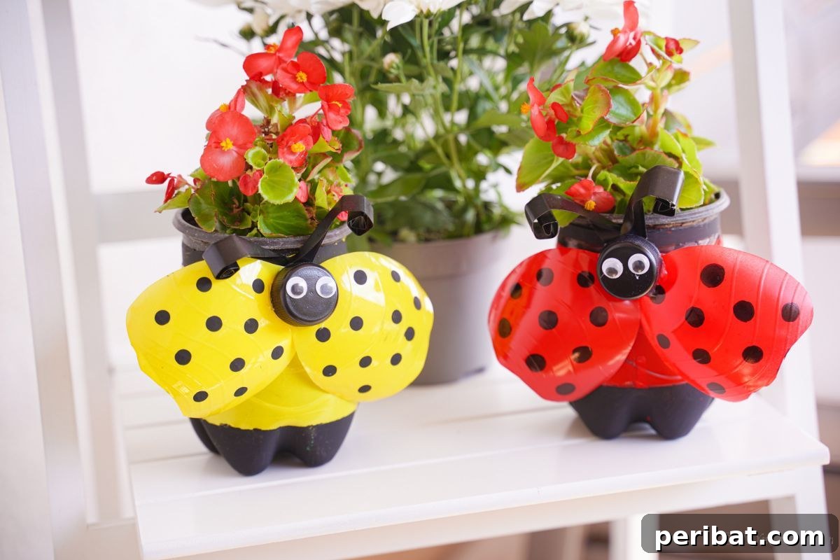 Upcycled Ladybug Garden Gems 21 red and yellow ladybug planters on whtie shelf with potted plant in background