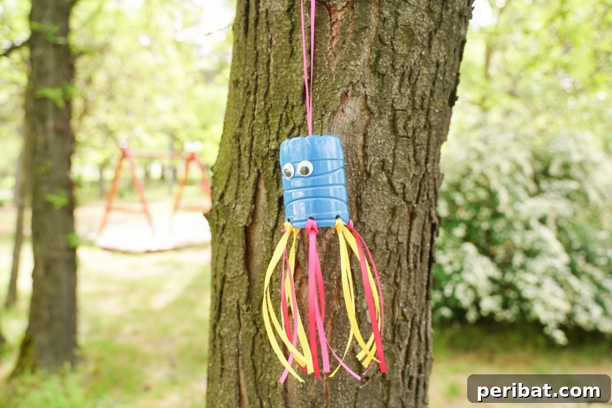 Vibrant Upcycled Bottle Wind Streamer 4 Blue and pink plastic bottle windsock hanging on a tree branch