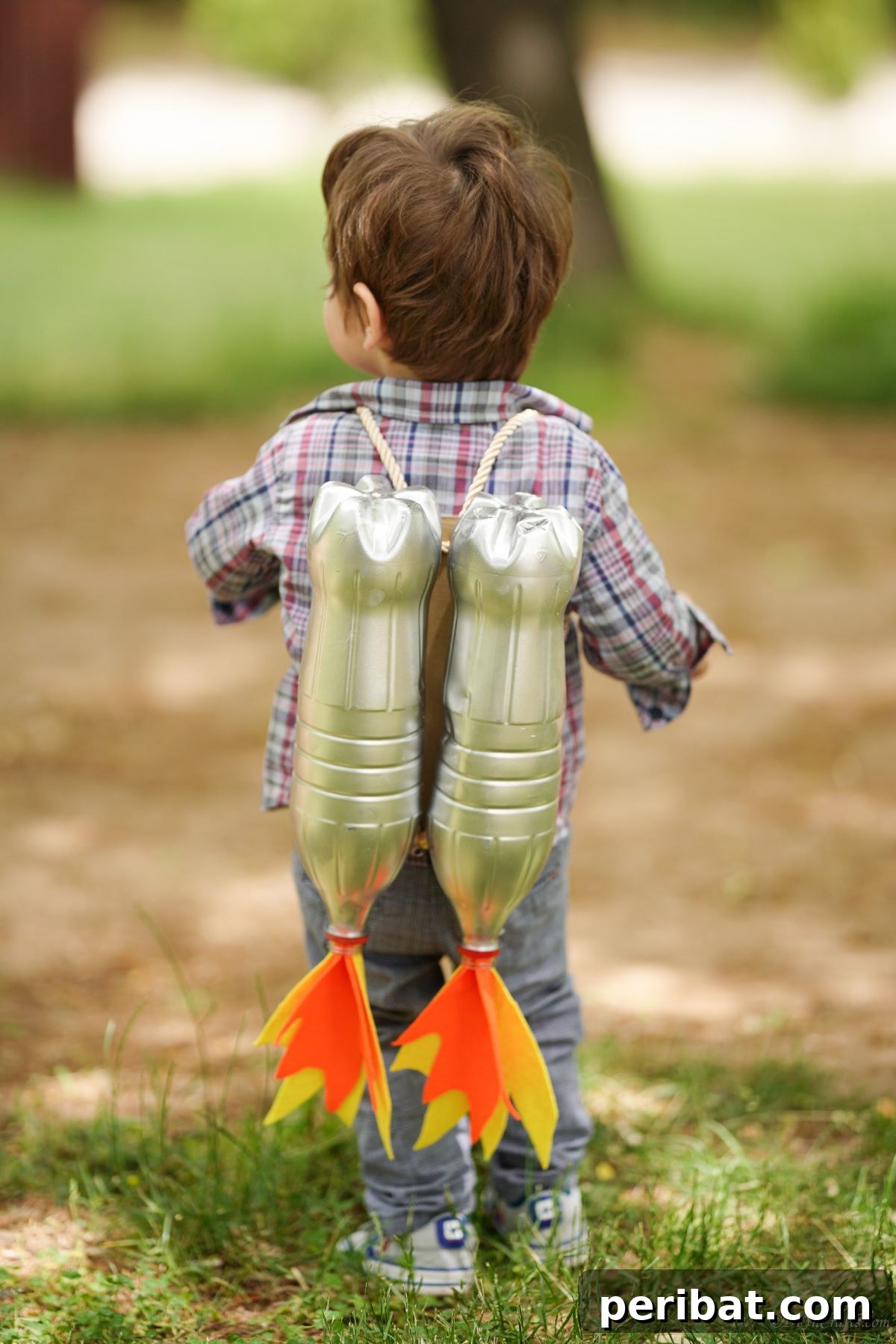 Bottle Blaster Backpack 2 little boy wearing jet pack costume made of plastic bottles