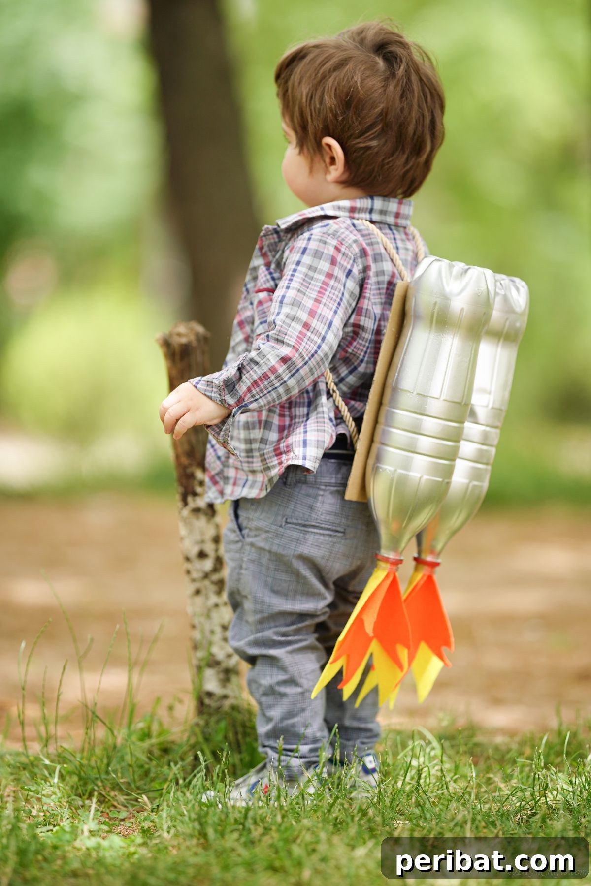 Bottle Blaster Backpack 11 brown haired toddler boy standing on grass wearing jet pack costume