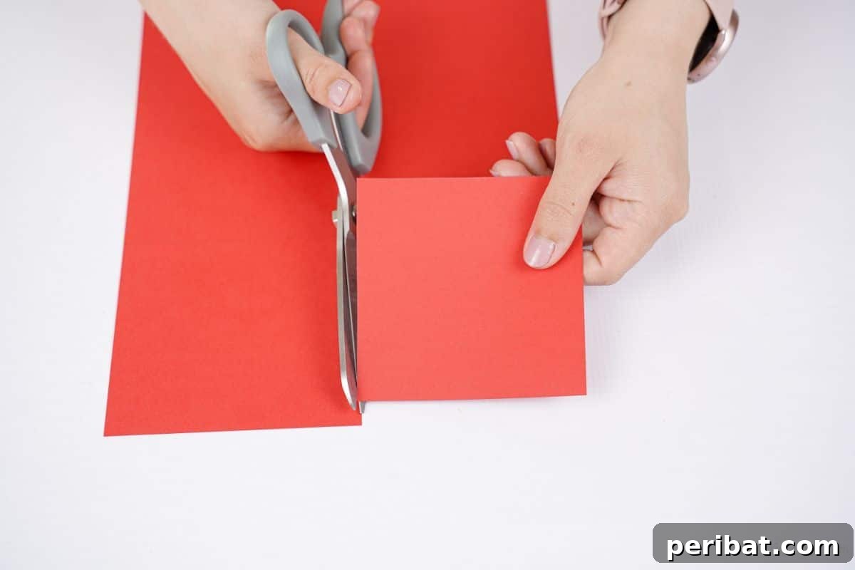 Gray scissors being used to cut a square of red paper, preparing it for the propeller design.