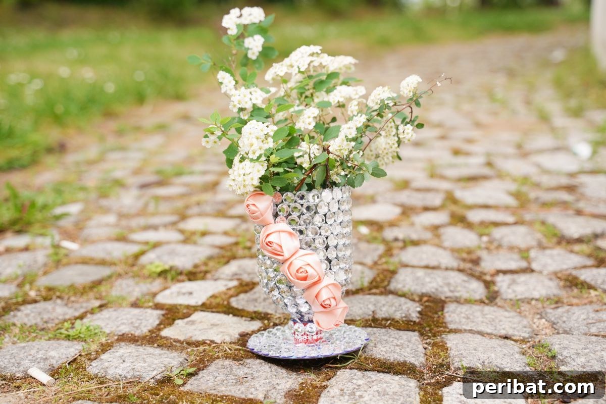 Radiant Recycled Rhinestone Vase 14 flowers in vase on cobblestone