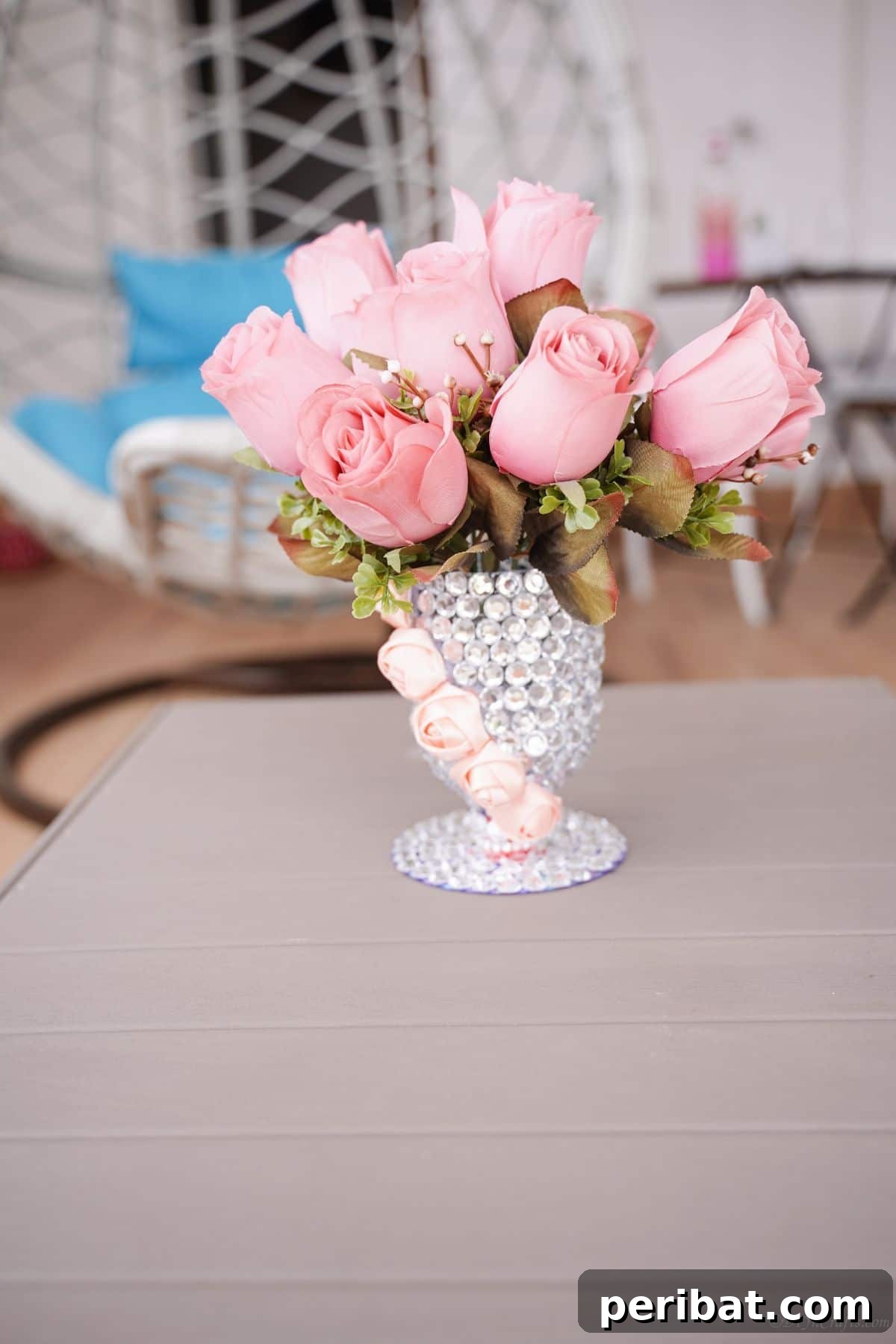 Radiant Recycled Rhinestone Vase 23 rhinestone vase of pink roses on gray table