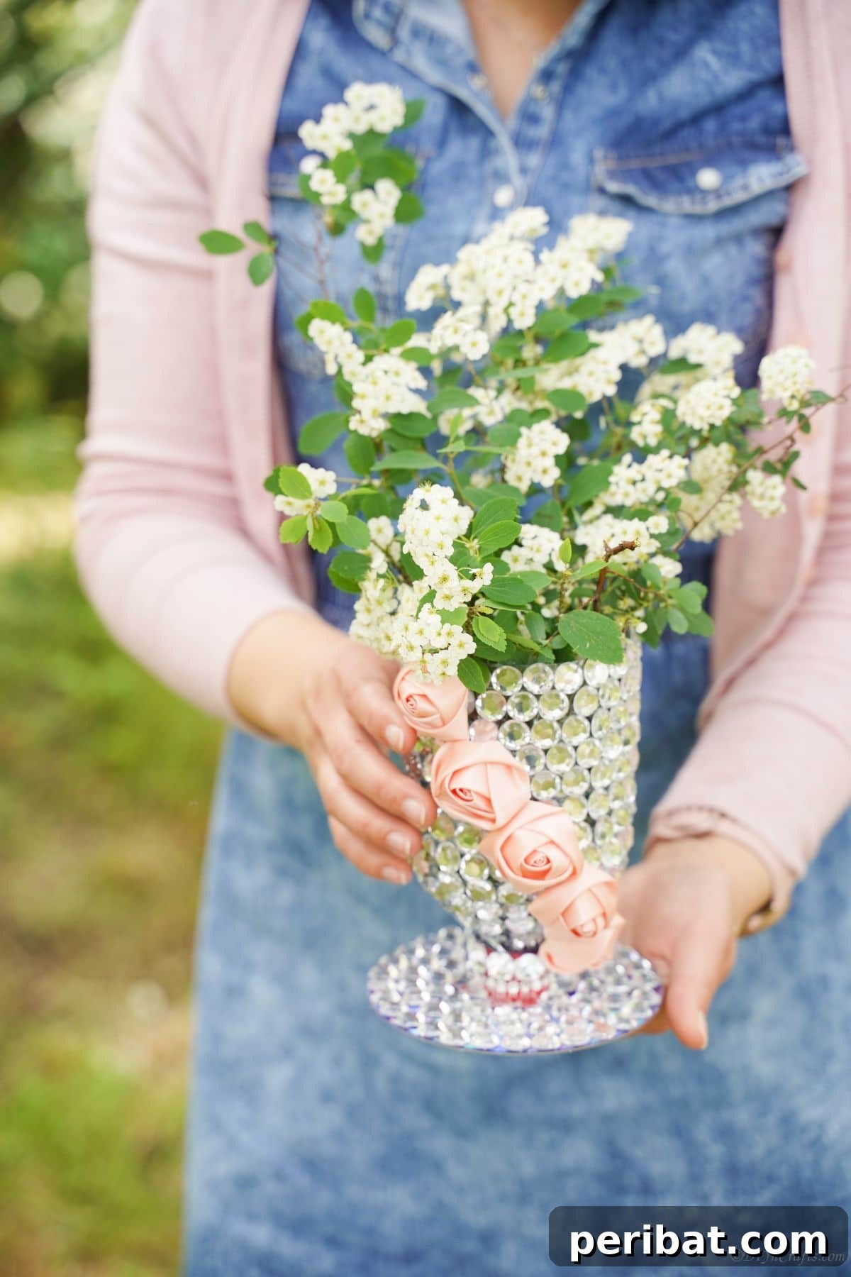 Radiant Recycled Rhinestone Vase 7 white flowers in sparkling rhinestone vase