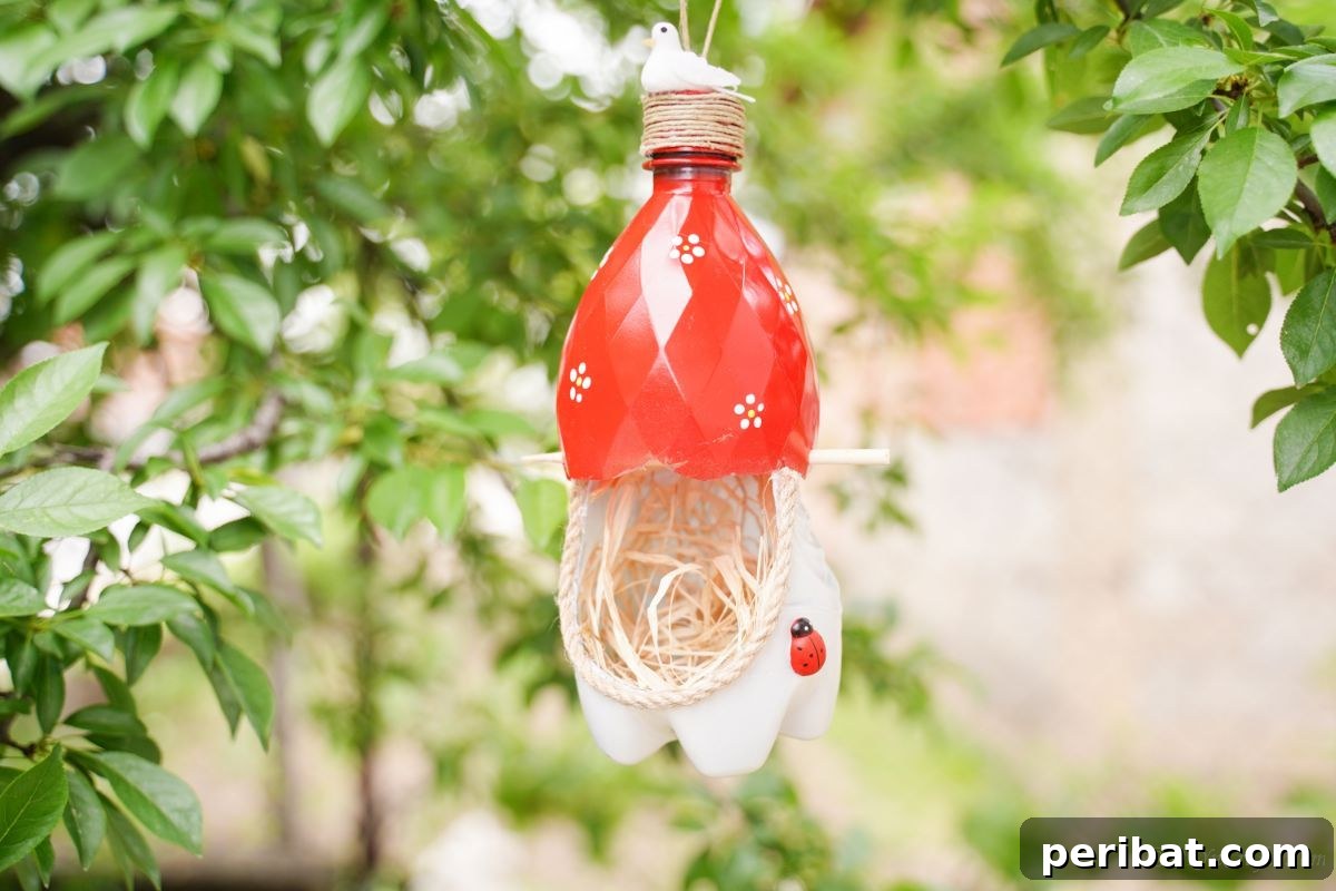 Upcycled Bottle Birdhouse 17 A charming white base with a red top bird nest, adorned with embellishments, ready for hanging in a tree