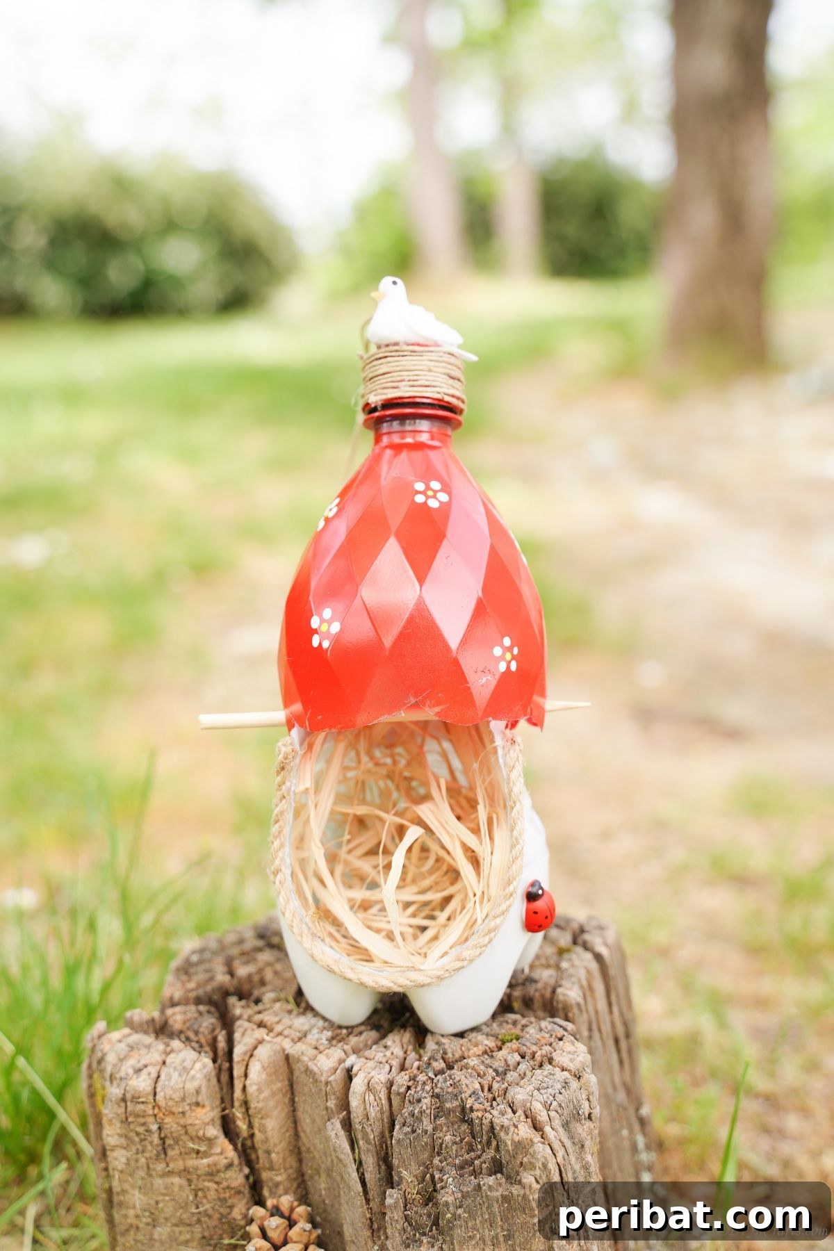 Upcycled Bottle Birdhouse 4 Plastic bottle bird nest perched on a tree stump in a natural setting