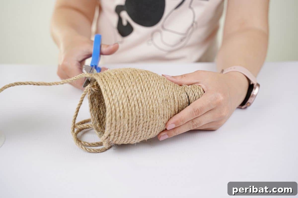 DIY Rustik İp Sarılı Şişe Bahçe Planterları 13 Blue scissors trimming excess twine on the side of a twine-wrapped planter, showing attention to detail in the crafting process.