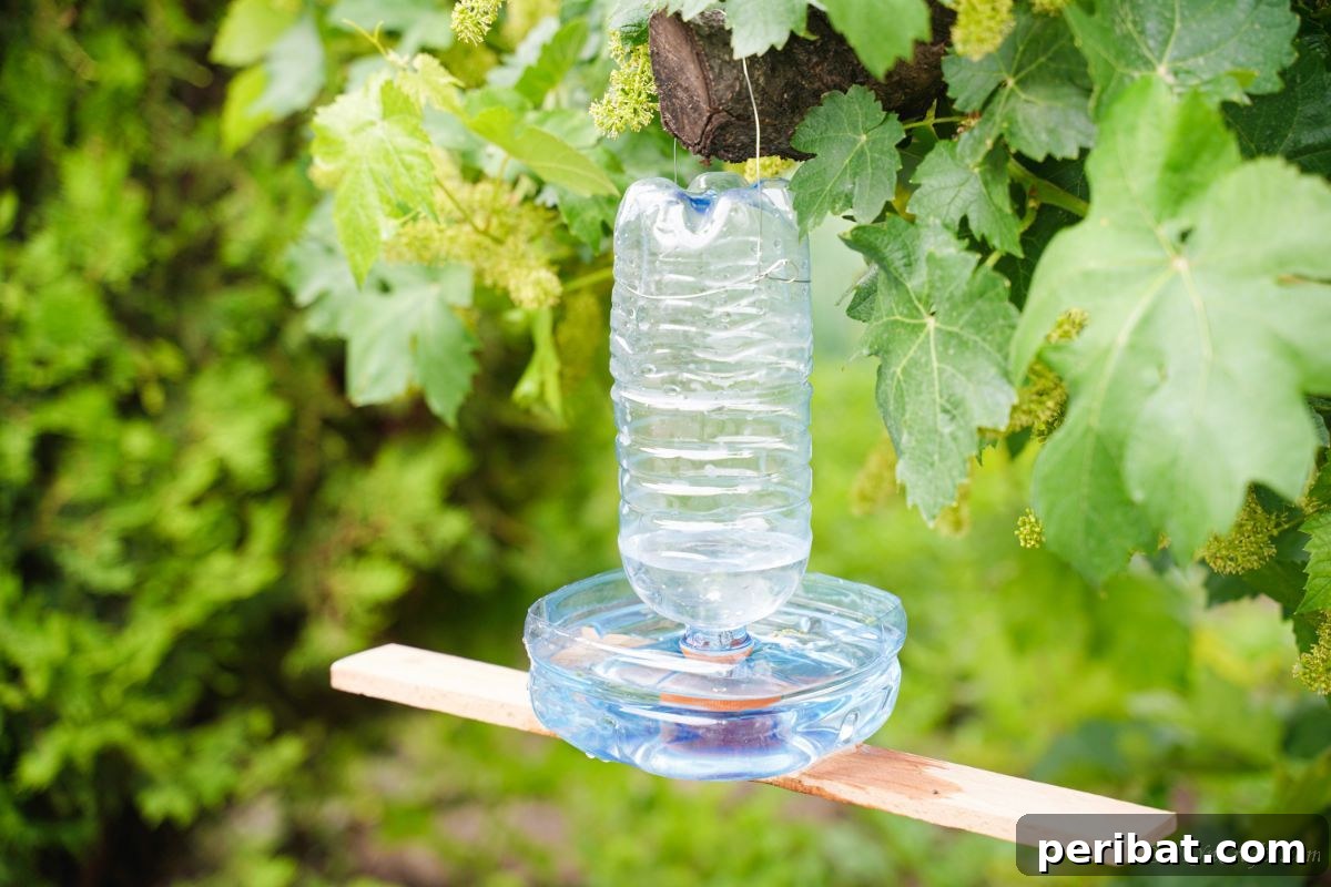 Recycled Bottle Bird Retreat 16 the finished bird water feeder, with its wood base, hanging from a tree branch in a garden setting