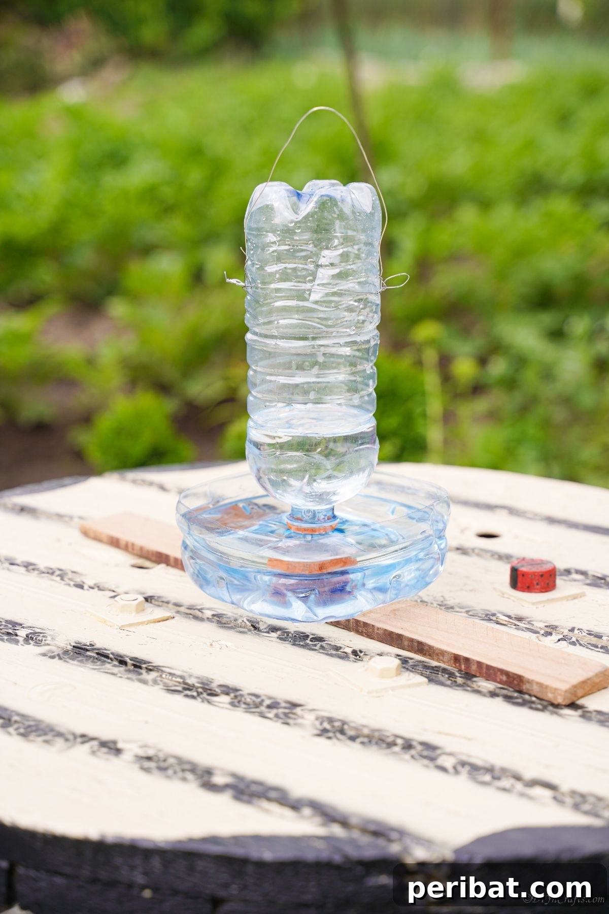 Recycled Bottle Bird Retreat 23 a crafted bird water feeder resting on a rustic wooden table, ready to attract local birds