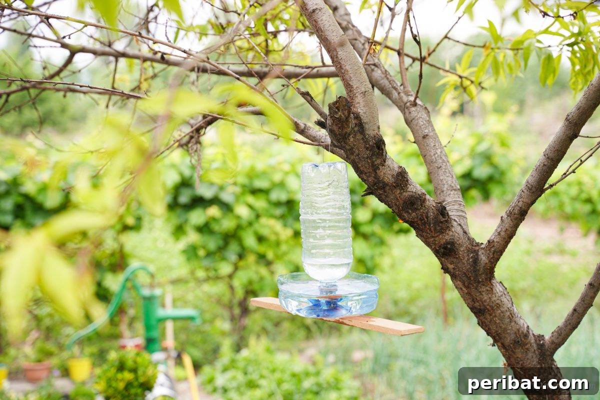 Recycled Bottle Bird Retreat 5 a crafted plastic bottle bird waterer with a wooden base hanging from a tree branch, showing creative reuse