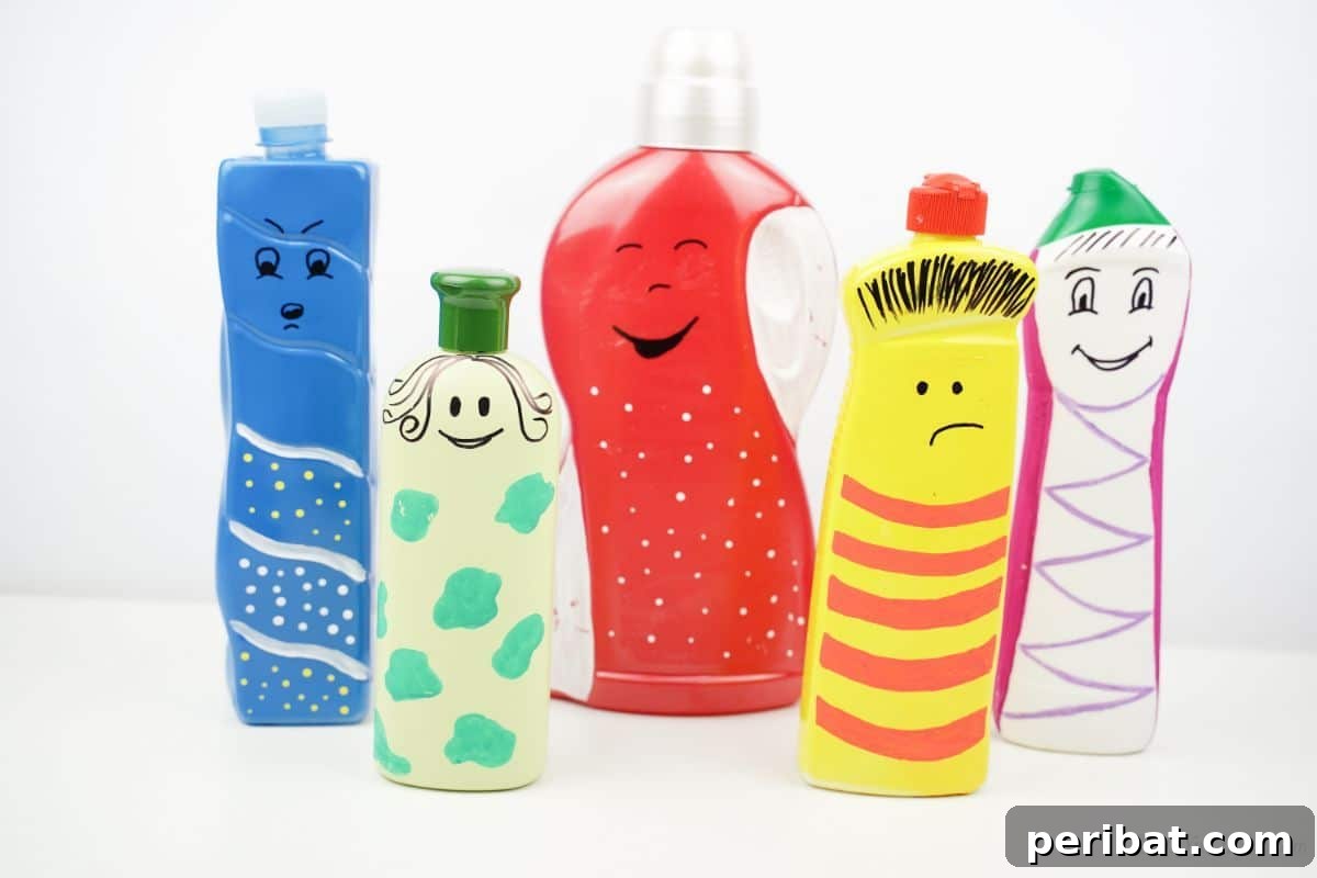 Craft Upcycled Bottle Characters for a DIY Bowling Game 16 A collection of vibrant, painted plastic bottle puppets arranged neatly on a white table, showcasing the finished craft project.