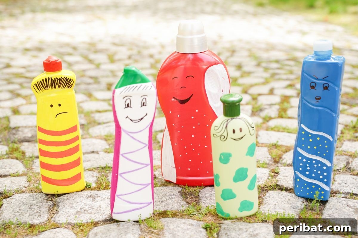 Craft Upcycled Bottle Characters for a DIY Bowling Game 3 A collection of colorfully painted plastic bottle character puppets displayed on a textured cobblestone path.