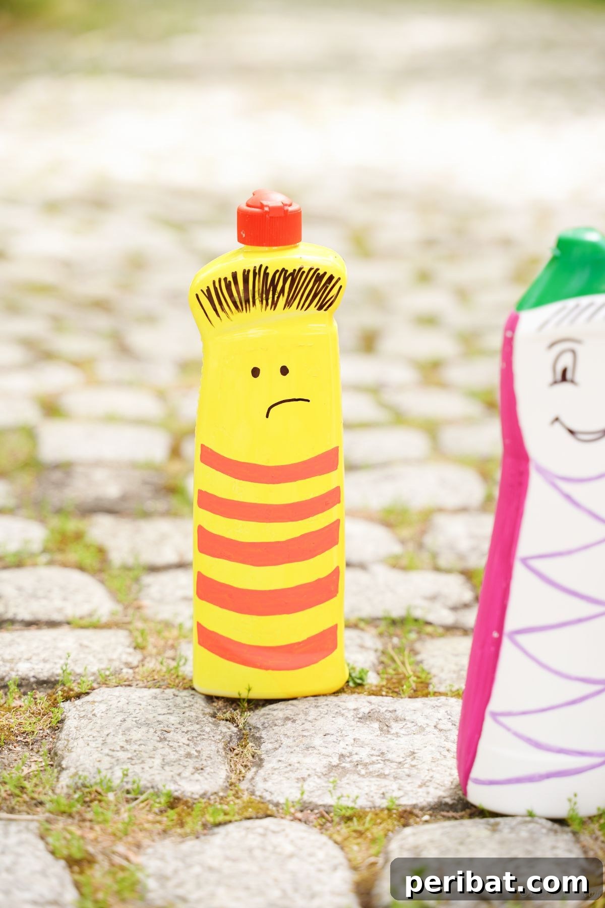 Craft Upcycled Bottle Characters for a DIY Bowling Game 17 A bright yellow and red character puppet made from a plastic bottle, standing on textured stone ground outdoors.