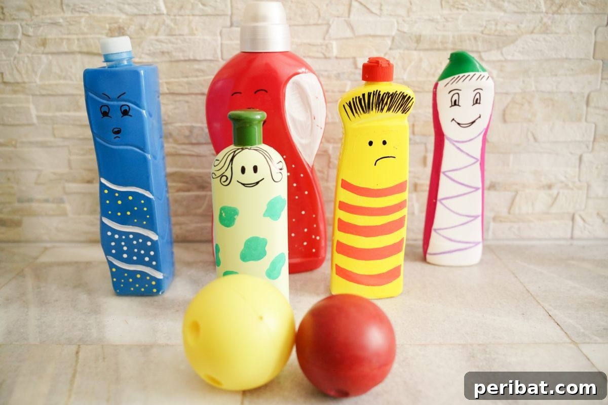 Craft Upcycled Bottle Characters for a DIY Bowling Game 7 A group of colorful painted plastic bottle character puppets displayed on a wooden table with a brick wall background, highlighting their unique designs.