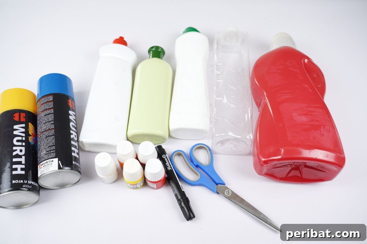 Craft Upcycled Bottle Characters for a DIY Bowling Game 8 An assortment of empty plastic bottles and various colorful paints laid out on a clean white table, ready for a craft project.