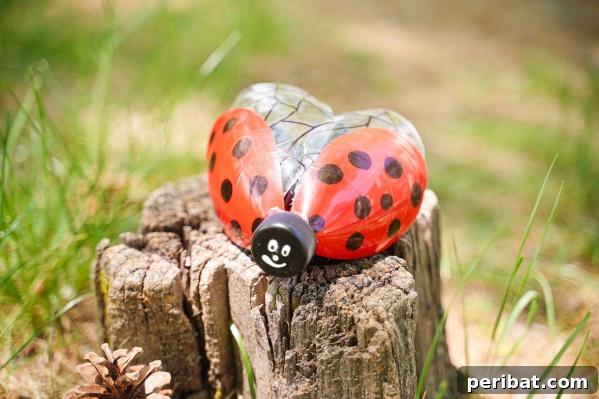 Charming Ladybug Garden Decor from Upcycled Bottles 27 plastic bottle ladybug on stump in yard
