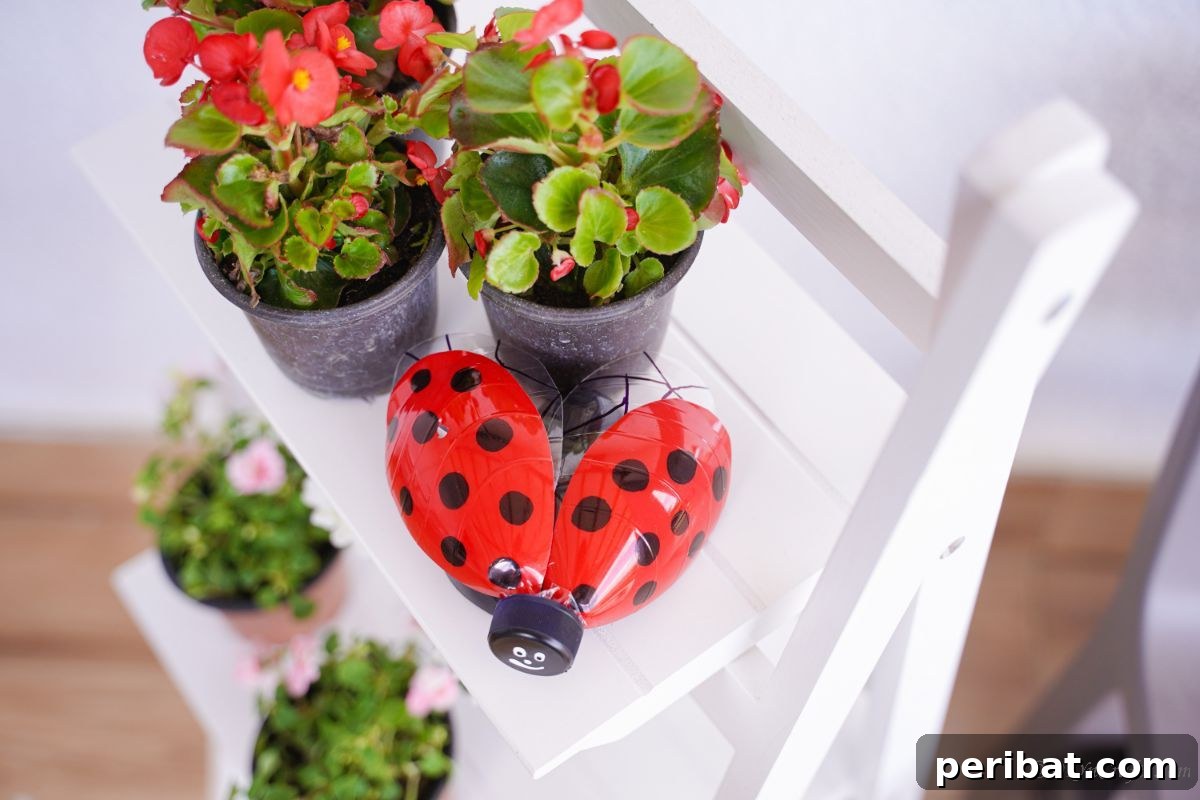 Charming Ladybug Garden Decor from Upcycled Bottles 7 A detailed view of a plastic bottle ladybug decoration with a painted face, displayed on a white shelf among other decorative items.