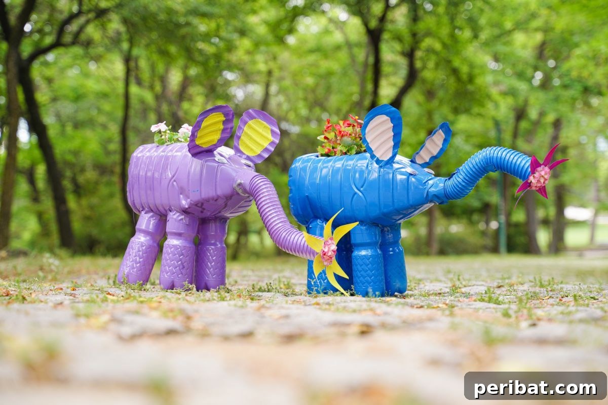 Upcycled Bottles Blossom into Adorable Elephant Planters 3 a purple and a blue elephant planter on stone path