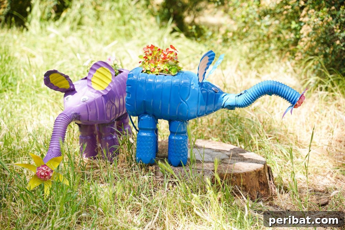 Upcycled Bottles Blossom into Adorable Elephant Planters 7 purple and blue elephant planters on tree stumps