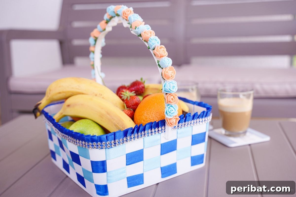 Sweet Treat Pail Transformed Basket 5 Blue and white woven basket on an outdoor table, showcasing a durable and stylish upcycled creation.