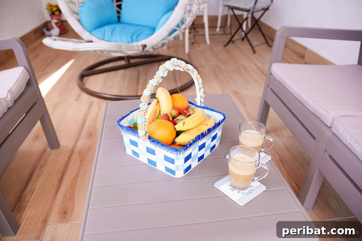 Sweet Treat Pail Transformed Basket 7 Blue and white basket on a table filled with fruit, displaying a complete and vibrant craft.