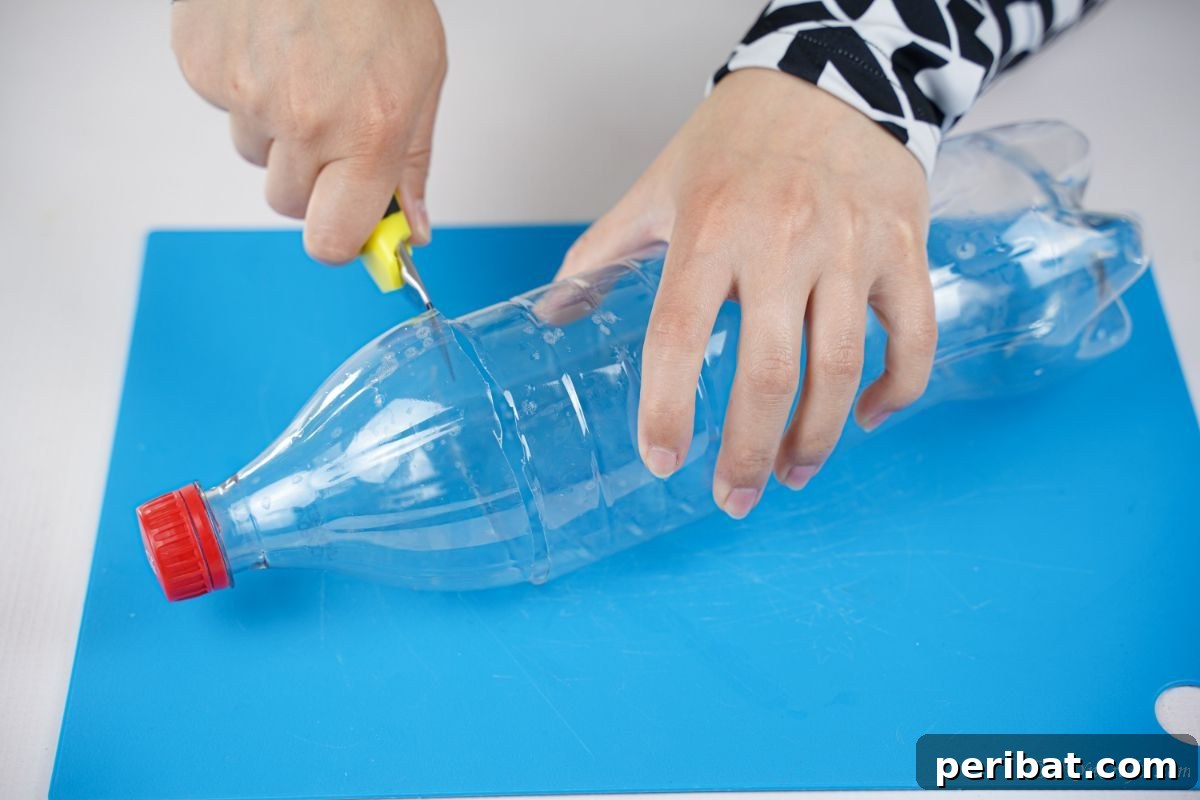 Charming Upcycled Donkey Garden Pot 10 Craft knife cutting into plastic bottle