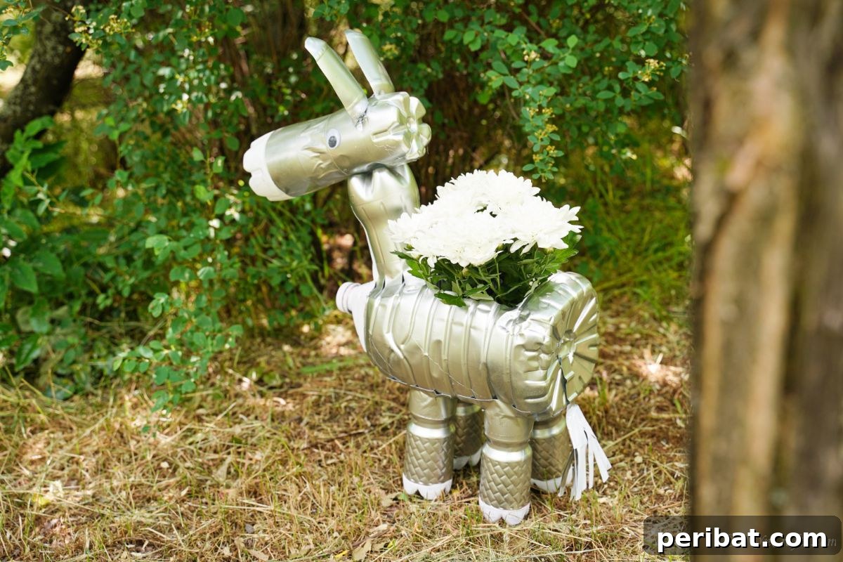 Charming Upcycled Donkey Garden Pot 6 Donkey painted silver with white horses inside on lawn by shrubs