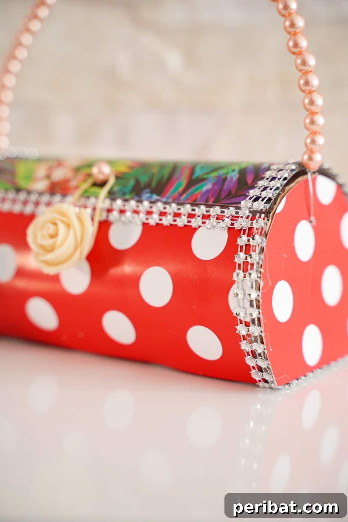 Eco-Chic Bottle Bags: Colorful DIY 2 side of the plastic bottle handbag with polka dot cover and beads on edges